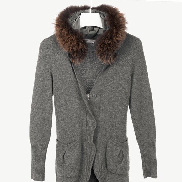Brunello Cucinelli Grey Cashmere Fur-Trim-Hood Zip Cardigan - Picture 1 of 11